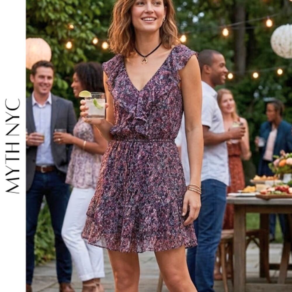 MYTH NYC Abstract Print Ruffle Mini Dress Sleeveless V-Neck M